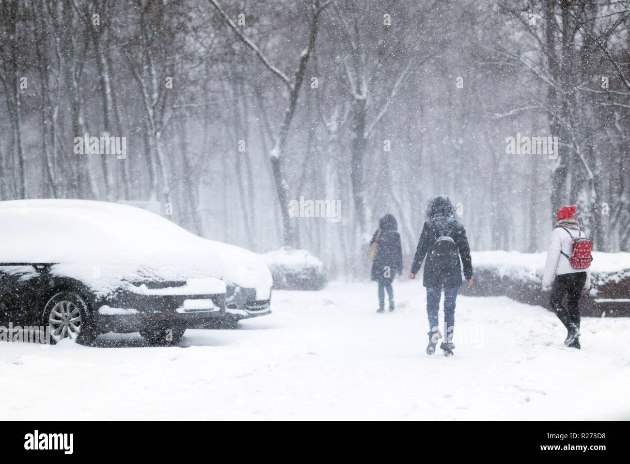 Menschen zu Fuß durch die Stadt Strasse mit Schnee bedeckt während starker Schneefall. Blizzard in der Stadt im Winter. Naturkatastrophen, Schnee, Sturm Stockfoto