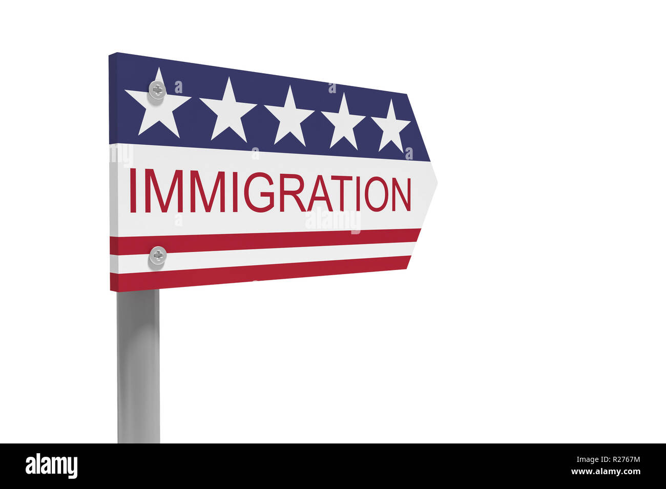 USA Politik Konzept: Einwanderung Richtung Zeichen mit US-Flagge, 3-D-Abbildung auf weißem Hintergrund Stockfoto