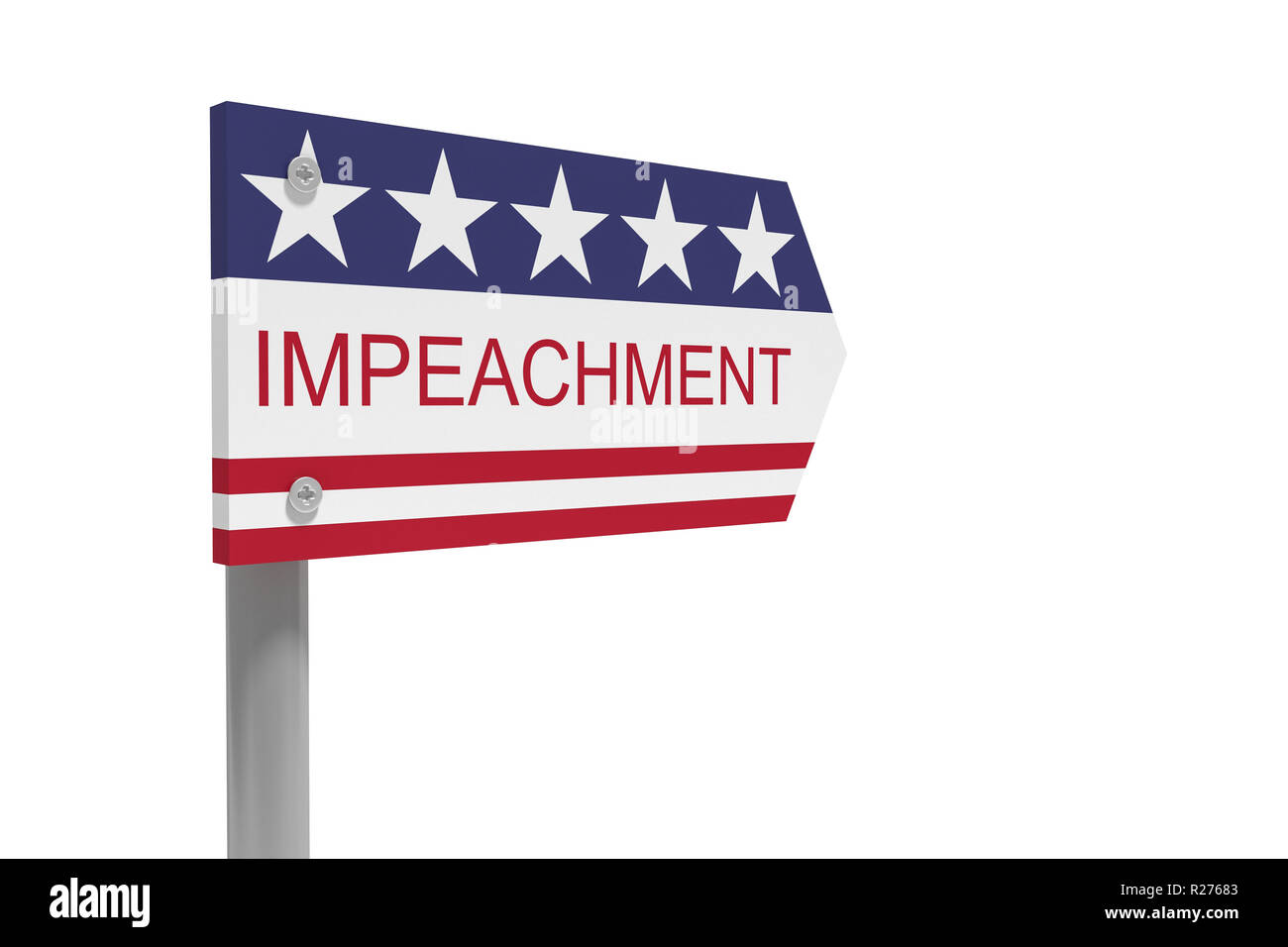 USA Politik Konzept: amtsenthebungsverfahren Richtung Zeichen mit US-Flagge, 3-D-Abbildung auf weißem Hintergrund Stockfoto