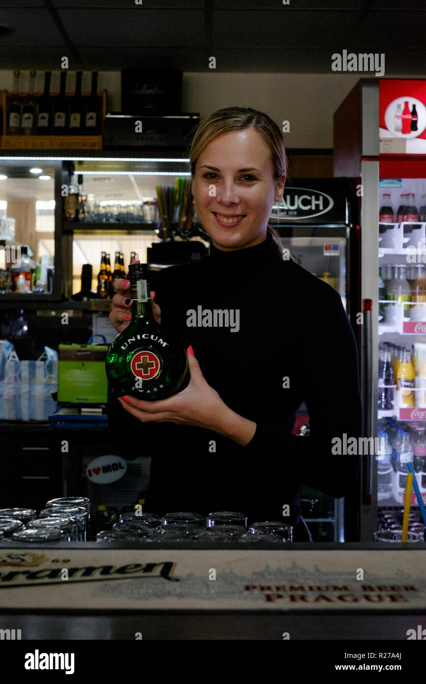 Junge hübsche Frau bardame Holding eine Flasche traditionelle ungarische alkoholischen Getränk in einer Bar unicum lenti Zala Ungarn Stockfoto