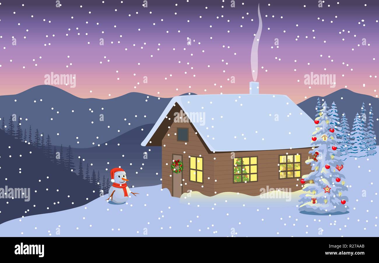 Winter abend Dämmerung, Nacht mit beleuchtetem Haus, Schneemann in Santa Hut, die Berge in der Ferne, dekoriert mit x-mas Tree, Schneegestöber, Schornstein Rauch, Fore Stock Vektor