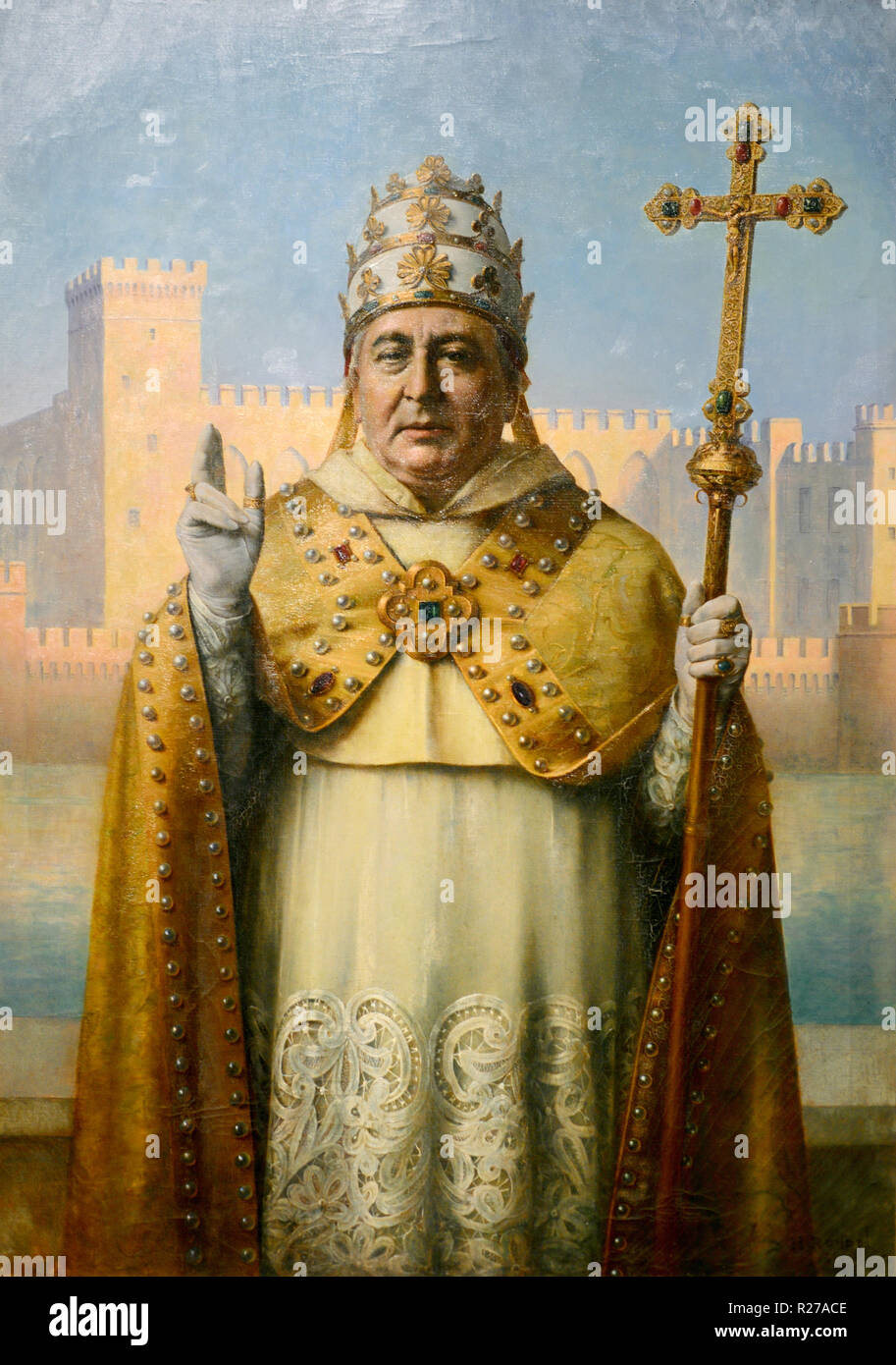 Porträt von Papst Benedikt XII. In den zeremoniellen Kleid. Aus Triptychon Erbauer der Päpstlichen Palast Detail von Henri Rondel 1915-16. Päpstlichen Palast Avignon Stockfoto