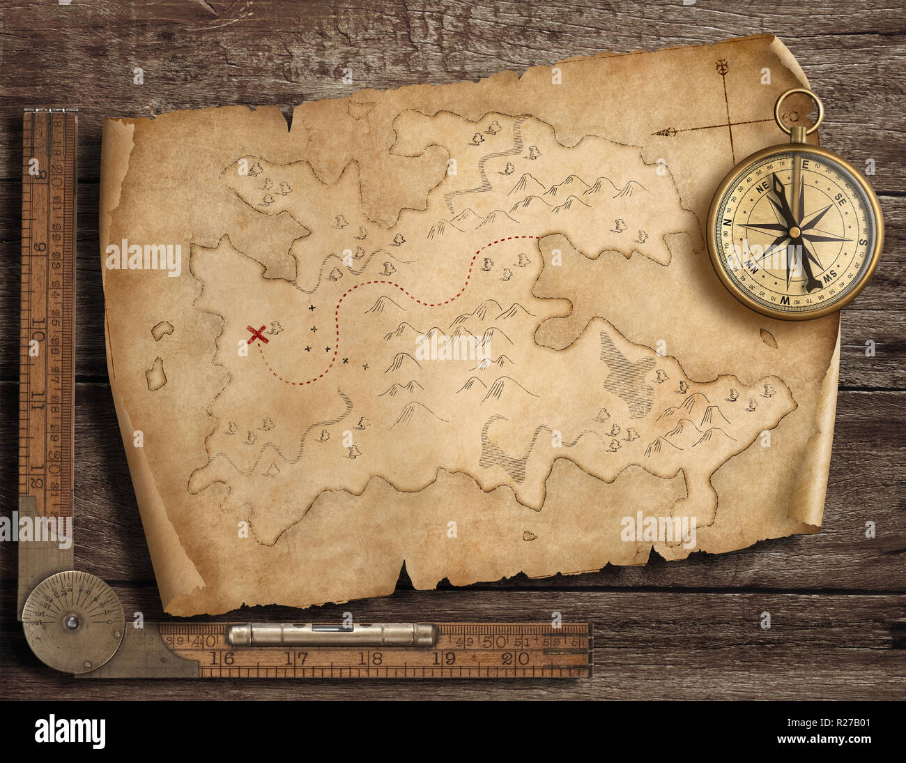 Old Pirates' Karte mit Messing Kompass. Abenteuer und Reisen Konzept. 3D-Darstellung. Stockfoto