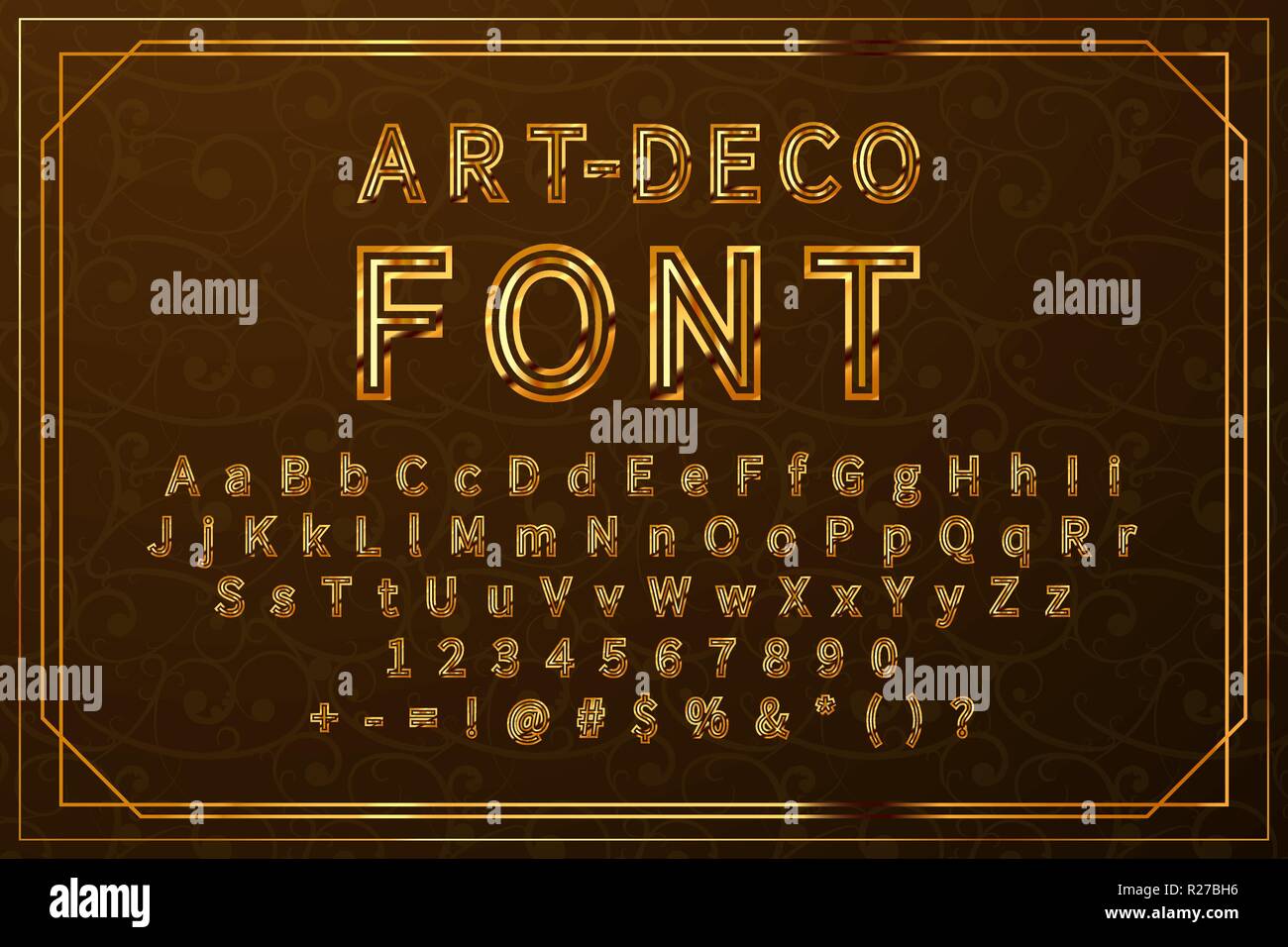 Golden Art-deco-retro Font, ein komplettes Set von Vintage lateinische Symbole mit Zahlen und Zeichen Stock Vektor