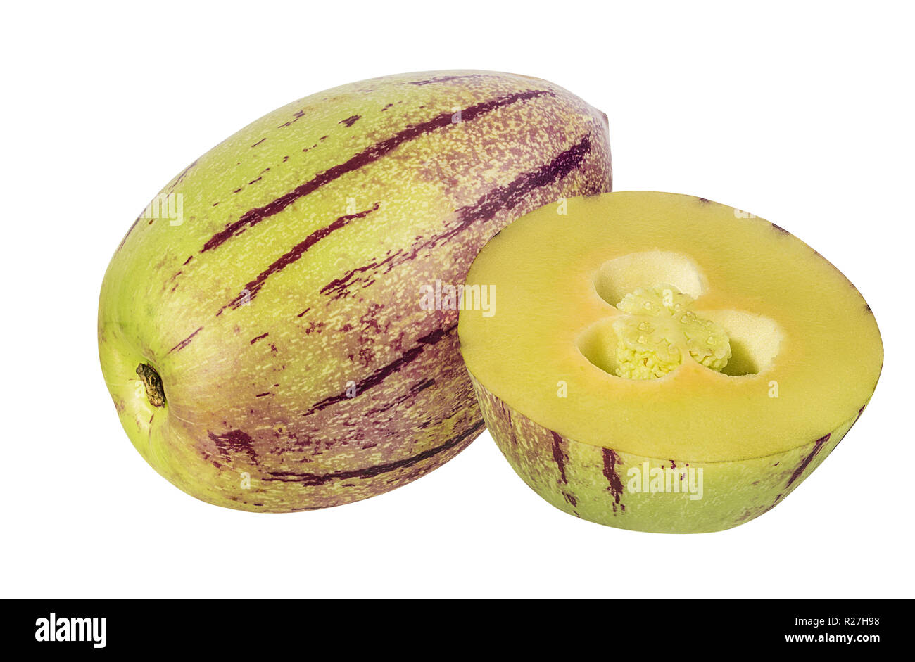 Pepino melone Obst auf weißem Hintergrund. Freistellungspfaden. Stockfoto