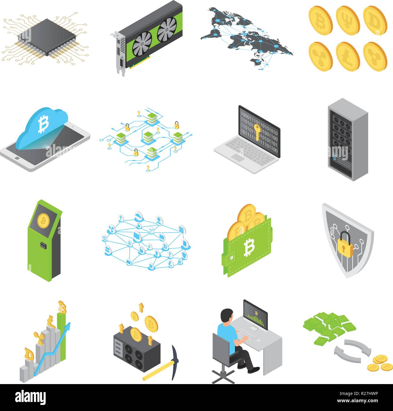 Blockchain Technologie Symbole gesetzt. Isometrische Darstellung von 16 blockchain Technologie Vector Icons für Web Stock Vektor