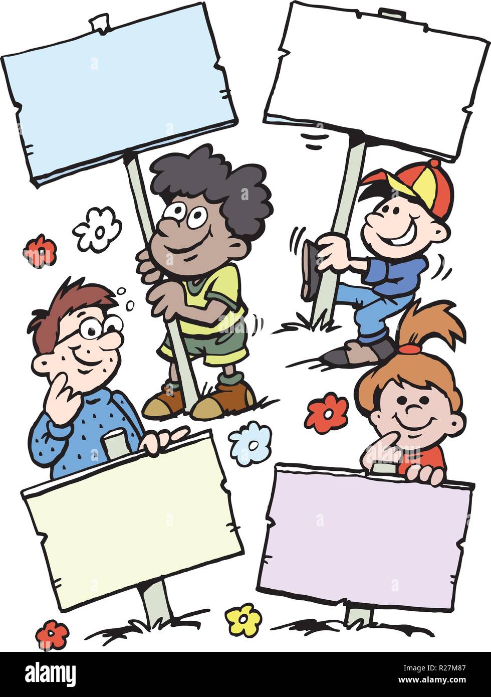 Cartoon Vector Abbildung: einige glückliche Kinder halten Schilder Stock Vektor