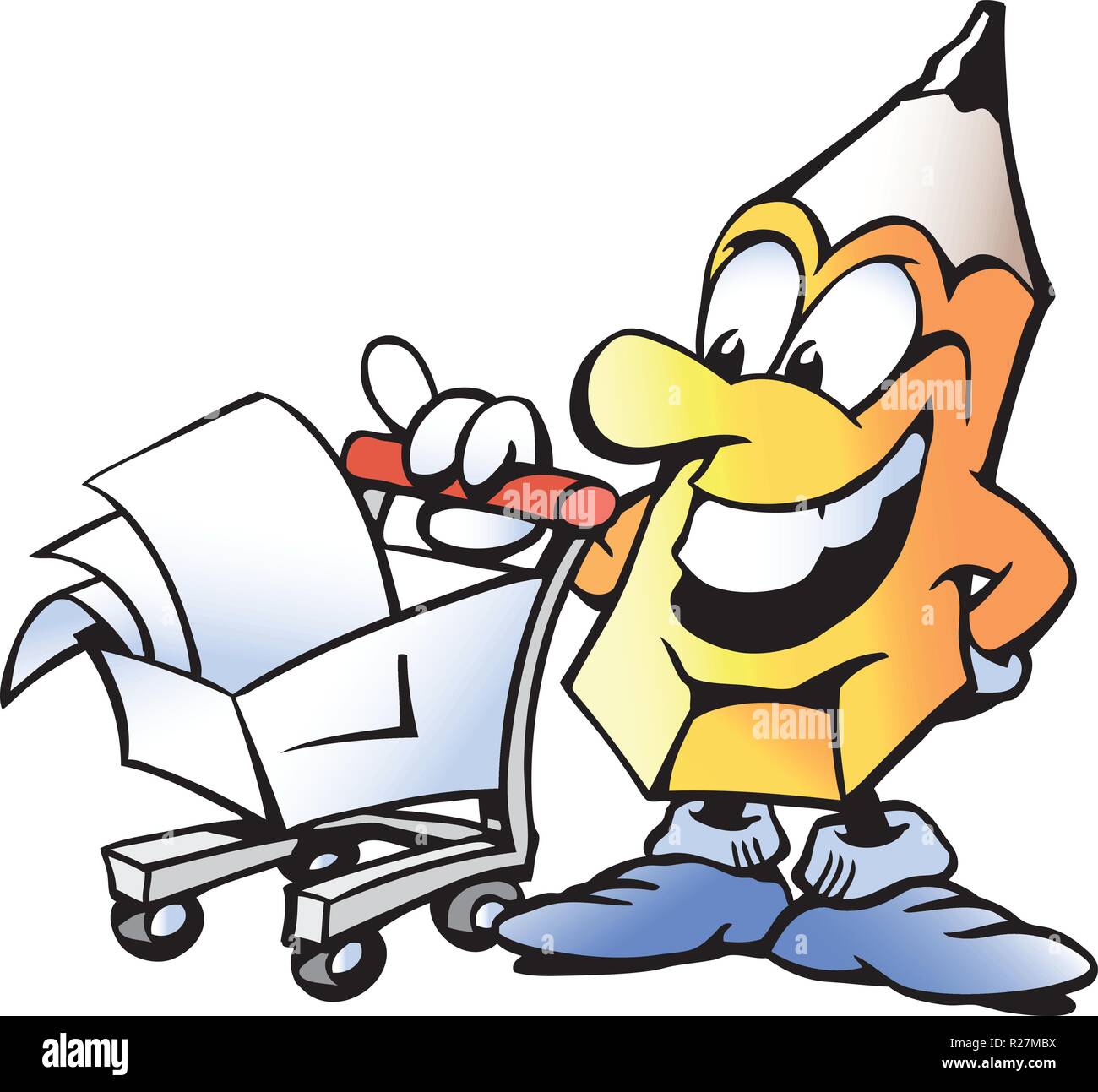 Cartoon Vector Illustration eines Stifts stand vor einer Warenkorb Stock Vektor