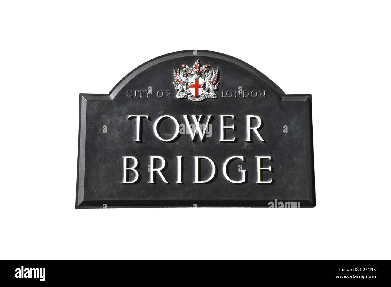 Die Tower Bridge in London unterzeichnen vor weißem Hintergrund Stockfoto