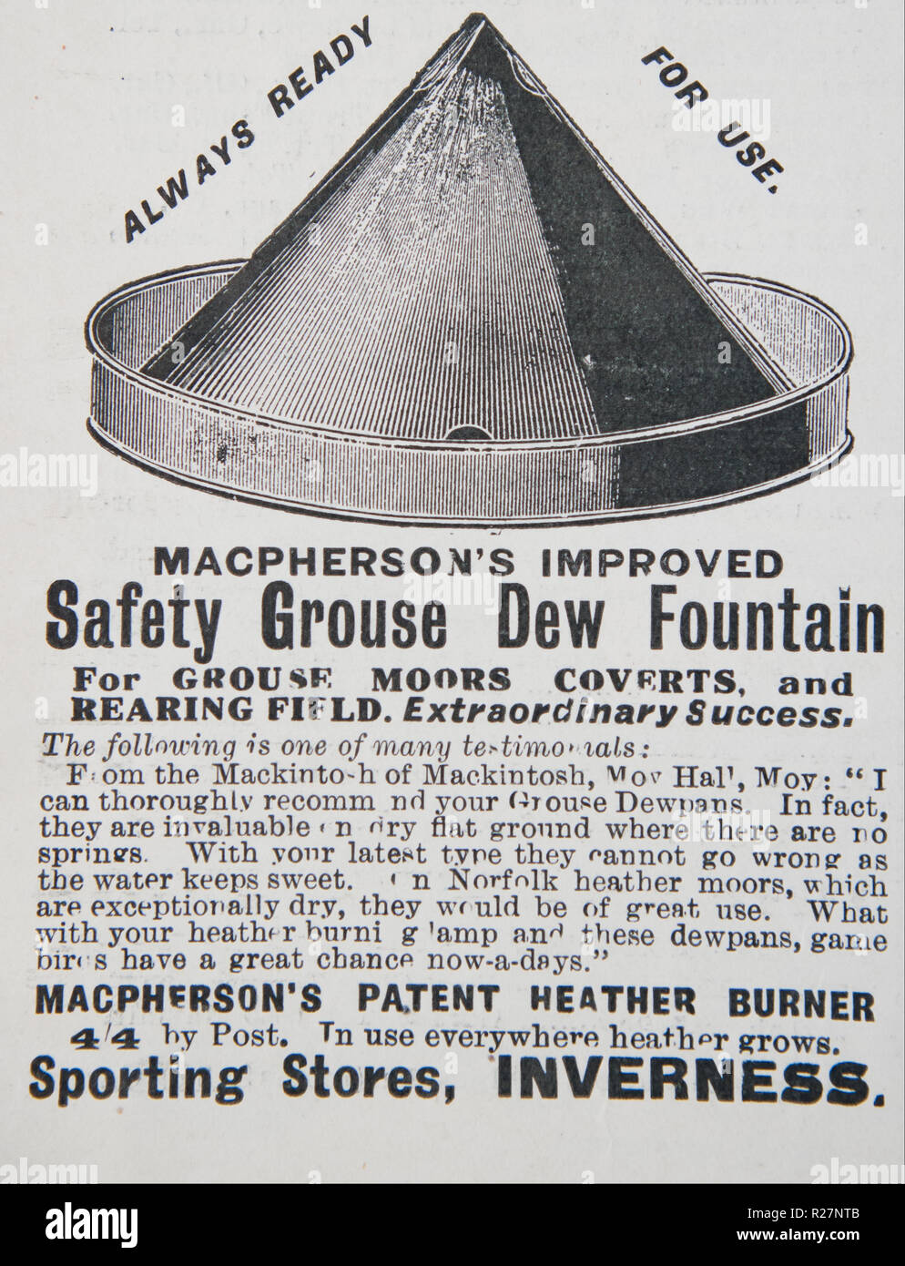 Eine alte Anzeige für die Sicherheit Grouse Tau Brunnen für die Erfassung von Wasser. Aus einem alten britischen Zeitschrift aus dem Zeitraum 1914-1918. Stockfoto