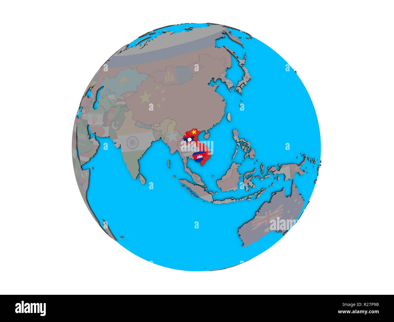 Indochina mit eingebetteten nationale Flaggen auf Blau politische 3D-Globus. 3D-Abbildung auf weißem Hintergrund. Stockfoto