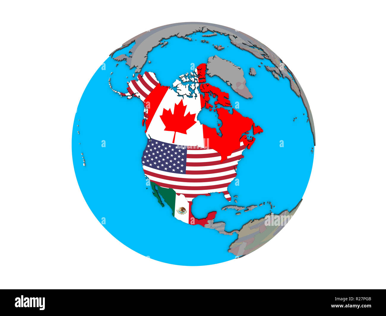 NAFTA-Mitglied staaten mit integrierten nationalen Flaggen auf Blau politische 3D-Globus. 3D-Abbildung auf weißem Hintergrund. Stockfoto