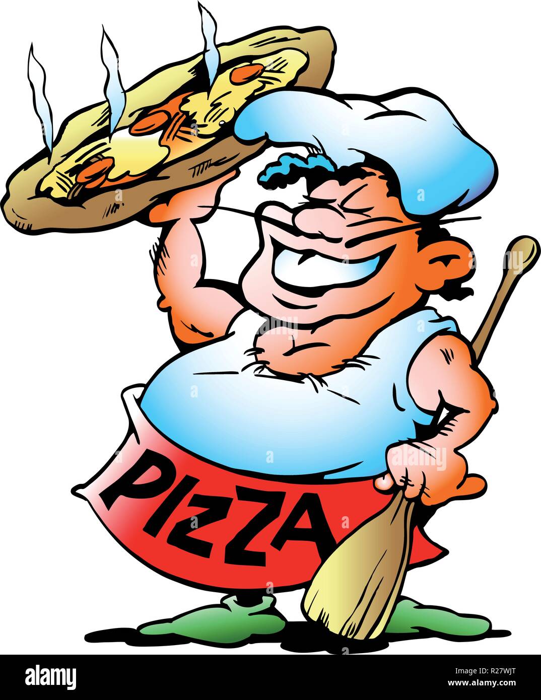 Hand-Vector Illustration Pizza Bäcker mit einer riesigen Pizza gezeichnet Stock Vektor