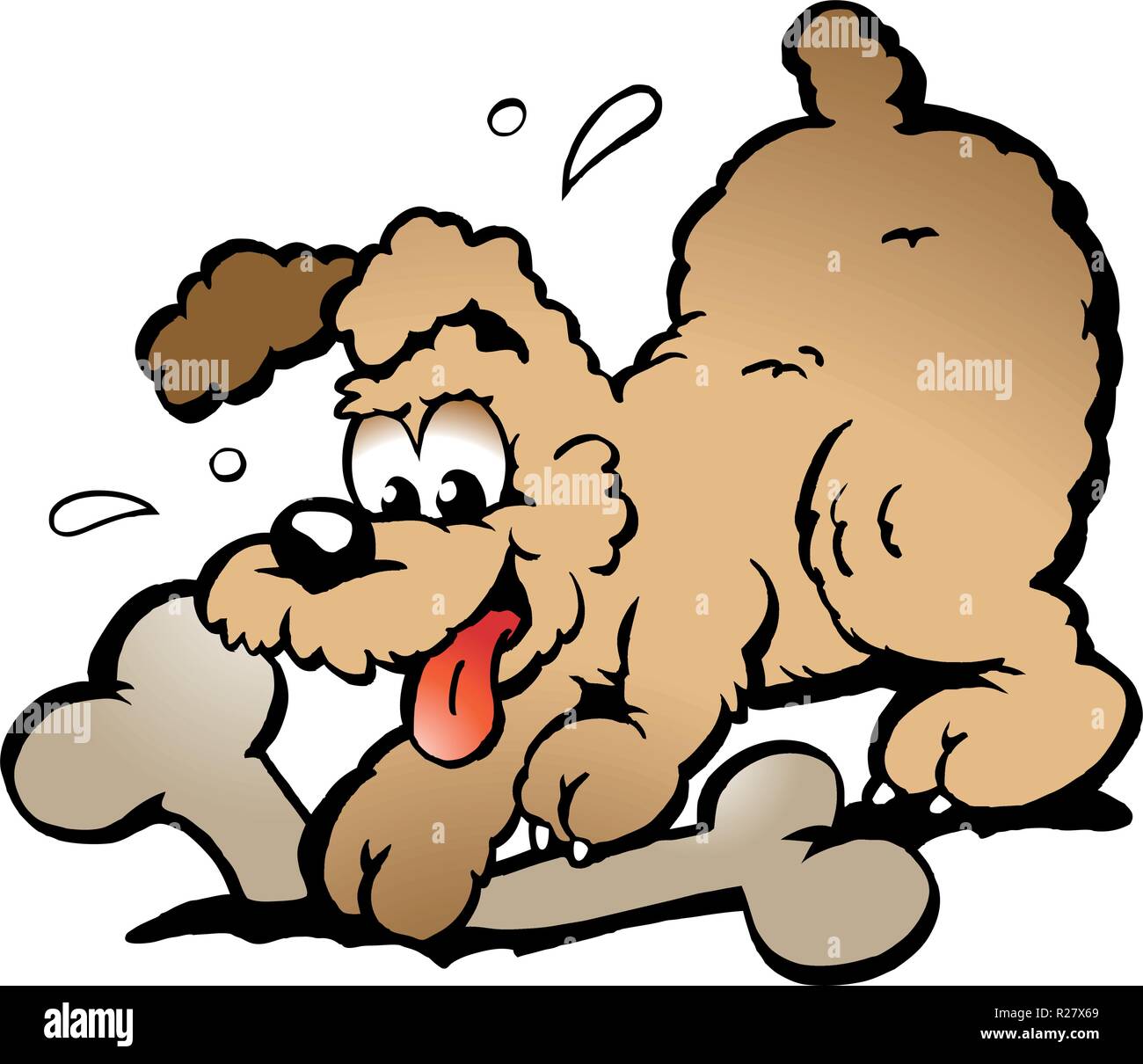 Handgezeichnete Vektor-Illustration eines Welpen Hund mit einem großen Knochen Stock Vektor