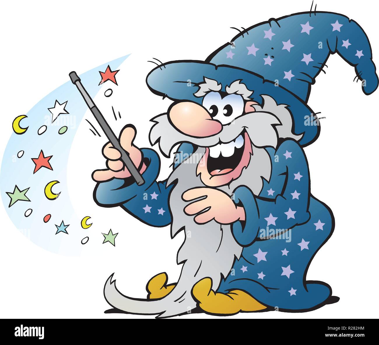 Vektor Cartoon Illustration eines glücklichen alten Zauberer Magic Mann hält einen Zauberstab 
