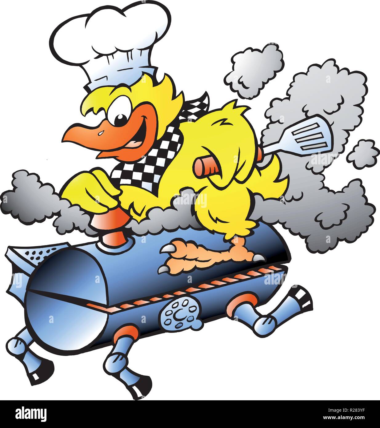 Cartoon Vector Illustration eines gelben Huhn reiten ein BBQ Grill Zylinder Stock Vektor