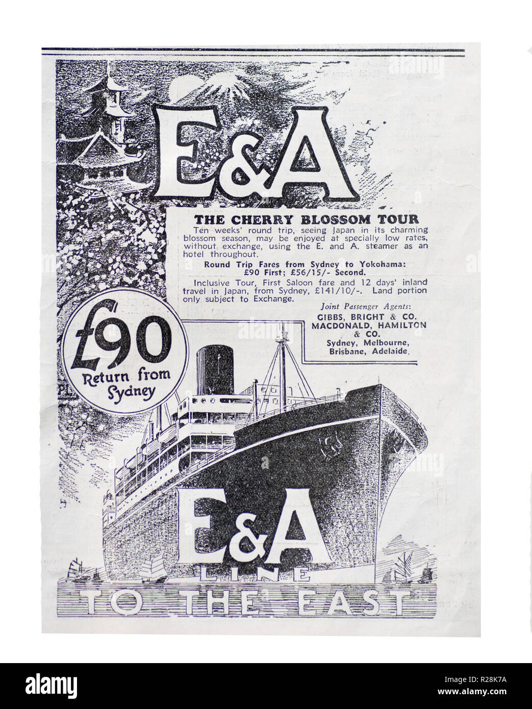 1932 australische Zeitung Werbung 'Cherry Blossom Tour' Sydney nach Yokohama auf die unbenannte E&A Line die Dampfeinheit ein. Stockfoto