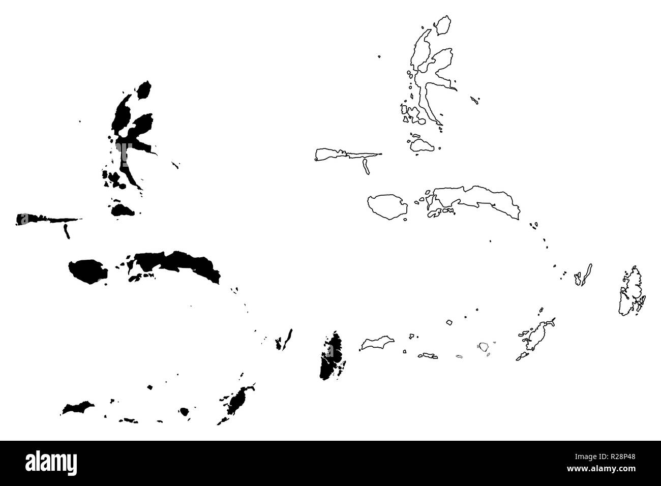 Sunda-inseln (Unterteilungen von Indonesien, Provinzen Indonesiens) Karte Vektor-illustration, kritzeln Skizze den Molukken (Gewürzinseln, Maluku, Nord Mal Stock Vektor