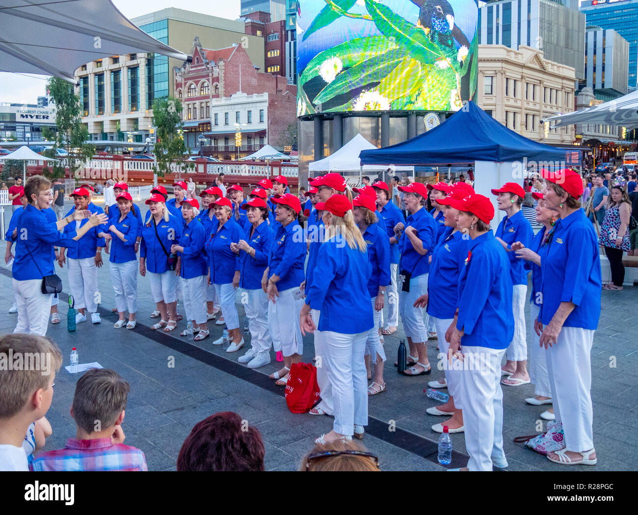 Chor der Frauen singen Weihnachtslieder Yagan Square Perth Western Australia. Stockfoto