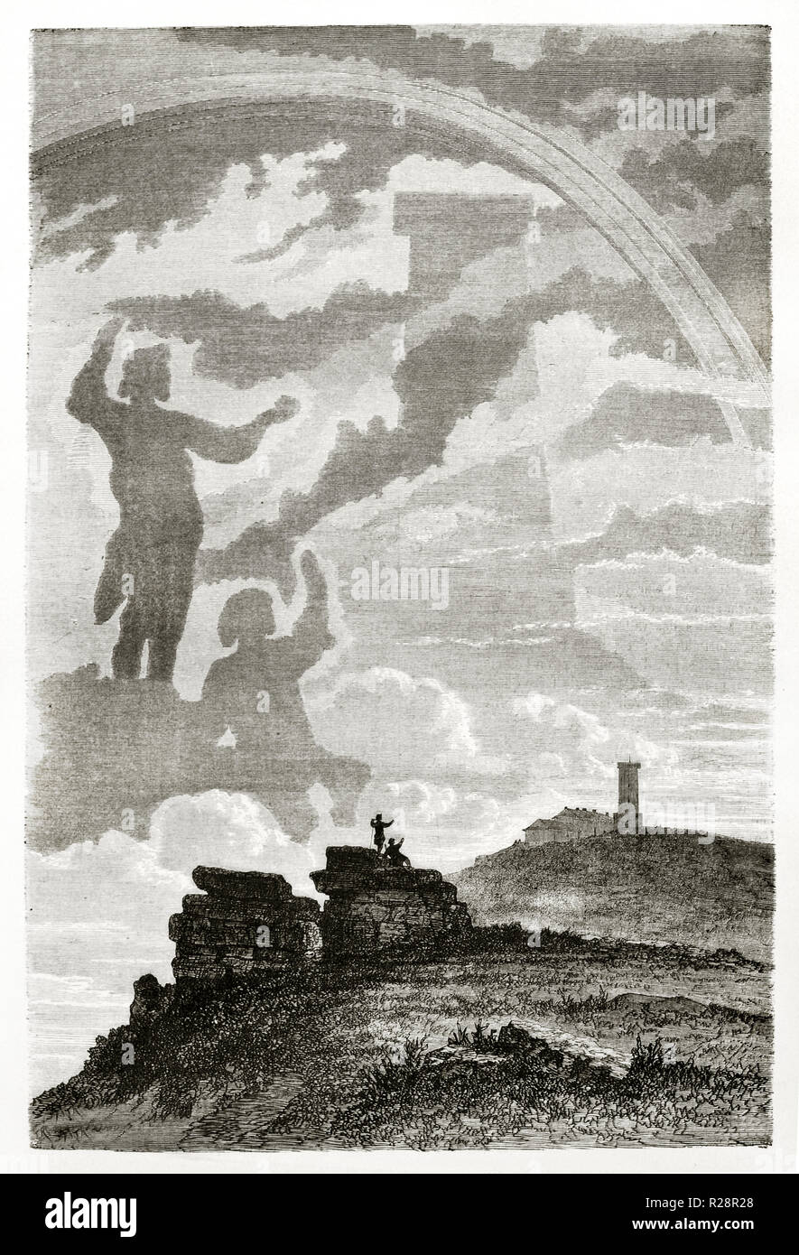 Alte Illustration eines Brocken Gespenst, optische Illusion Phänomen. Durch Stroobant, Publ. Bei le Tour du Monde, Paris, 1863 Stockfoto