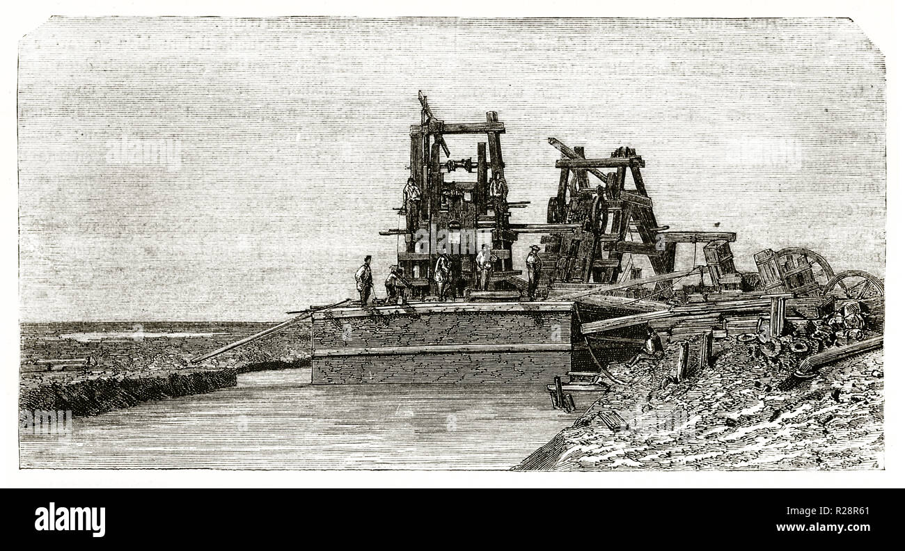 Alte Abbildung: ein Bagger im See Manzala, Ägypten (Suez Kanal). Durch Grenet, Publ. Bei le Tour du Monde, Paris, 1863 Stockfoto