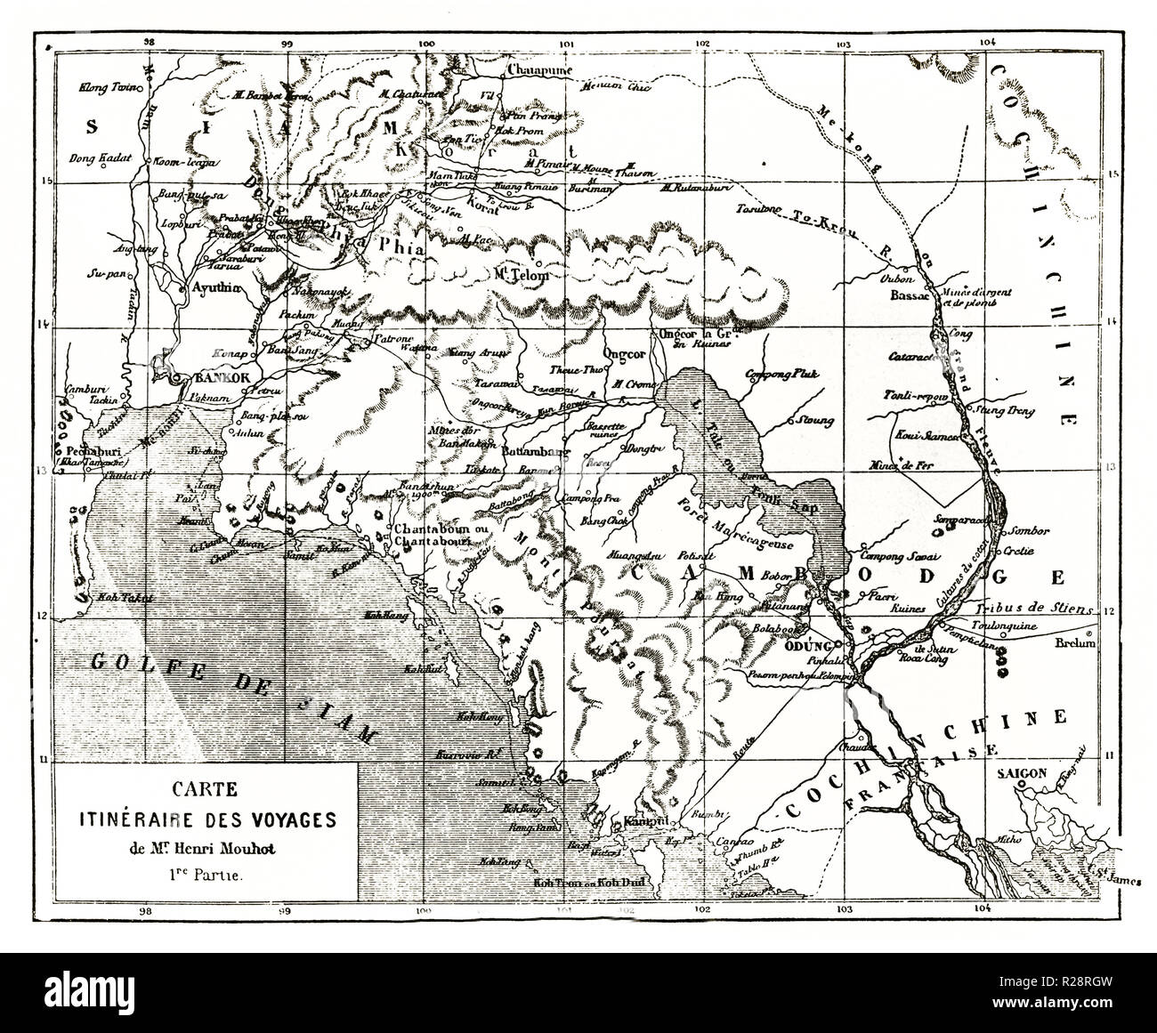 Alte Karte von Henri Mouhot exploration Rundfahrt in Südost Asien. Von Erhard und Bonaparte, Publ. Bei le Tour du Monde, Paris, 1863 Stockfoto