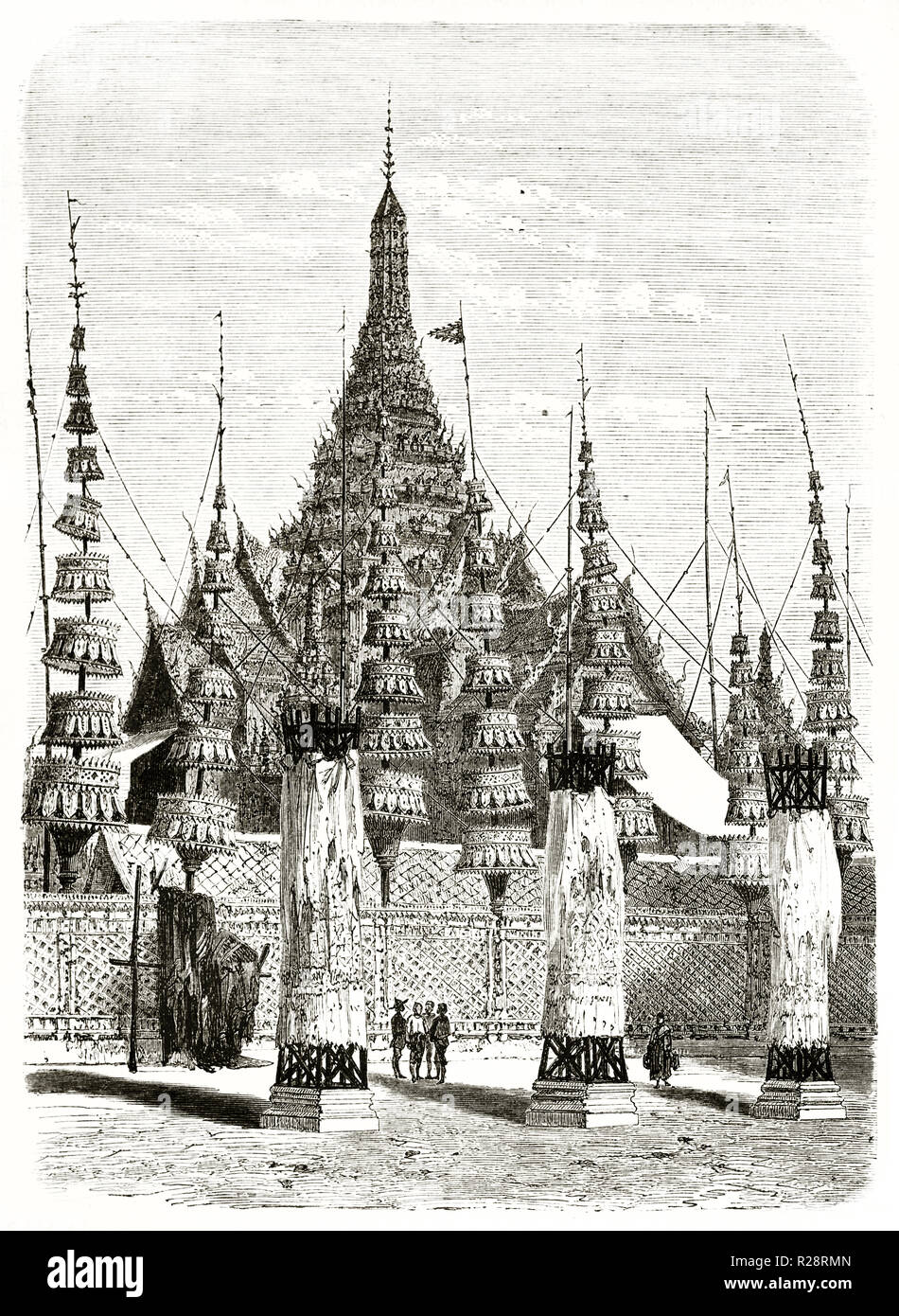 Alte Abbildung der Königlichen Katafalk für König von Siam Beerdigung. Durch Therond, Publ. Bei le Tour du Monde, Paris, 1863 Stockfoto
