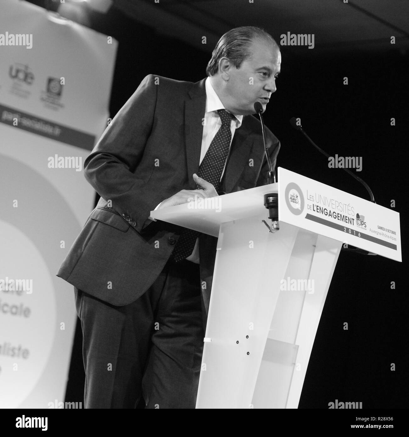 Jean-Christophe Cambadelis, dem Ersten Sekretär der französischen Sozialistischen Partei, Gespräche, die auf Engagement Universitie, Lyon, Frankreich Stockfoto