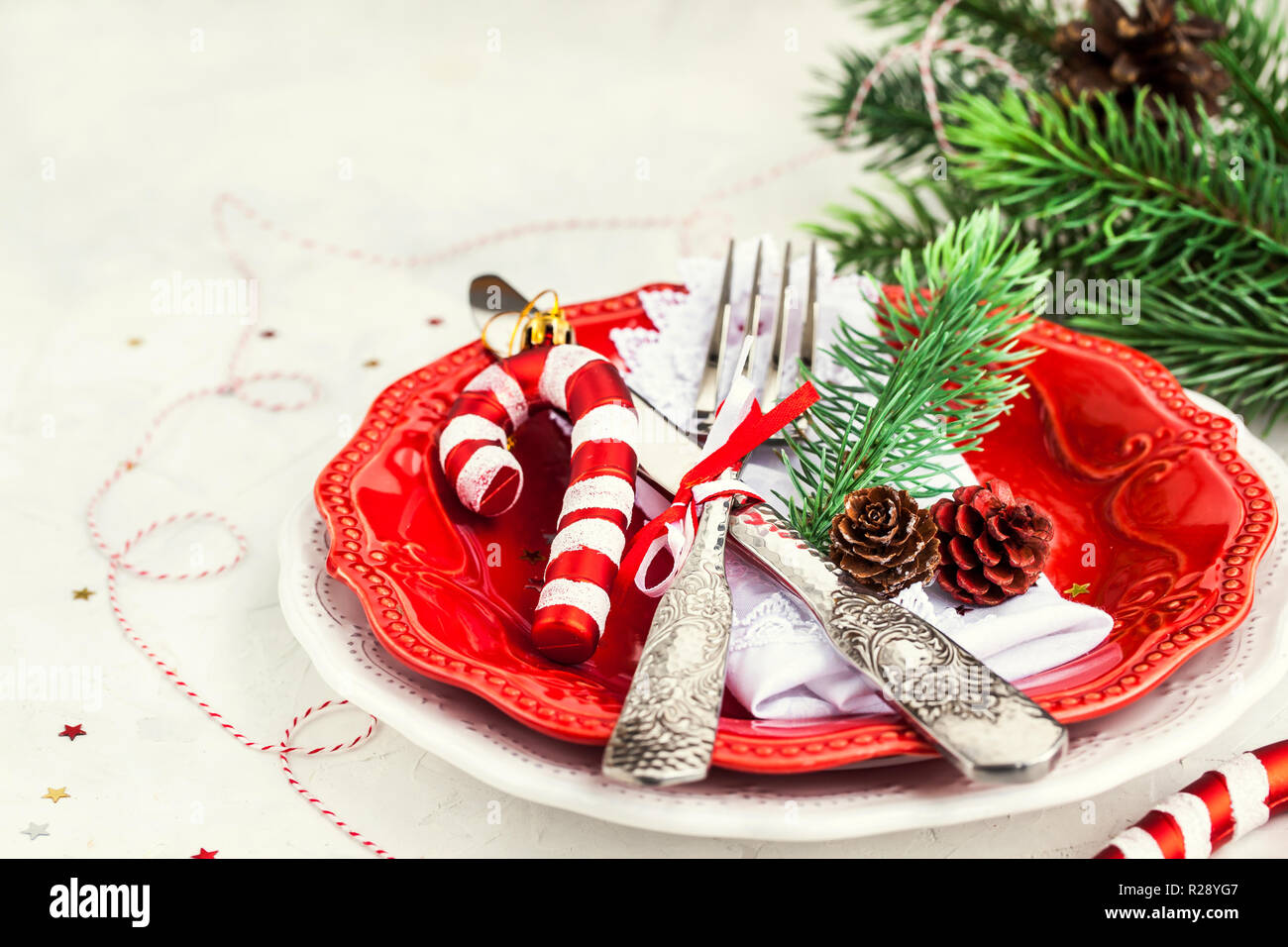 Weihnachten Tisch setzen, Urlaub Hintergrund Kopie Raum Stockfoto