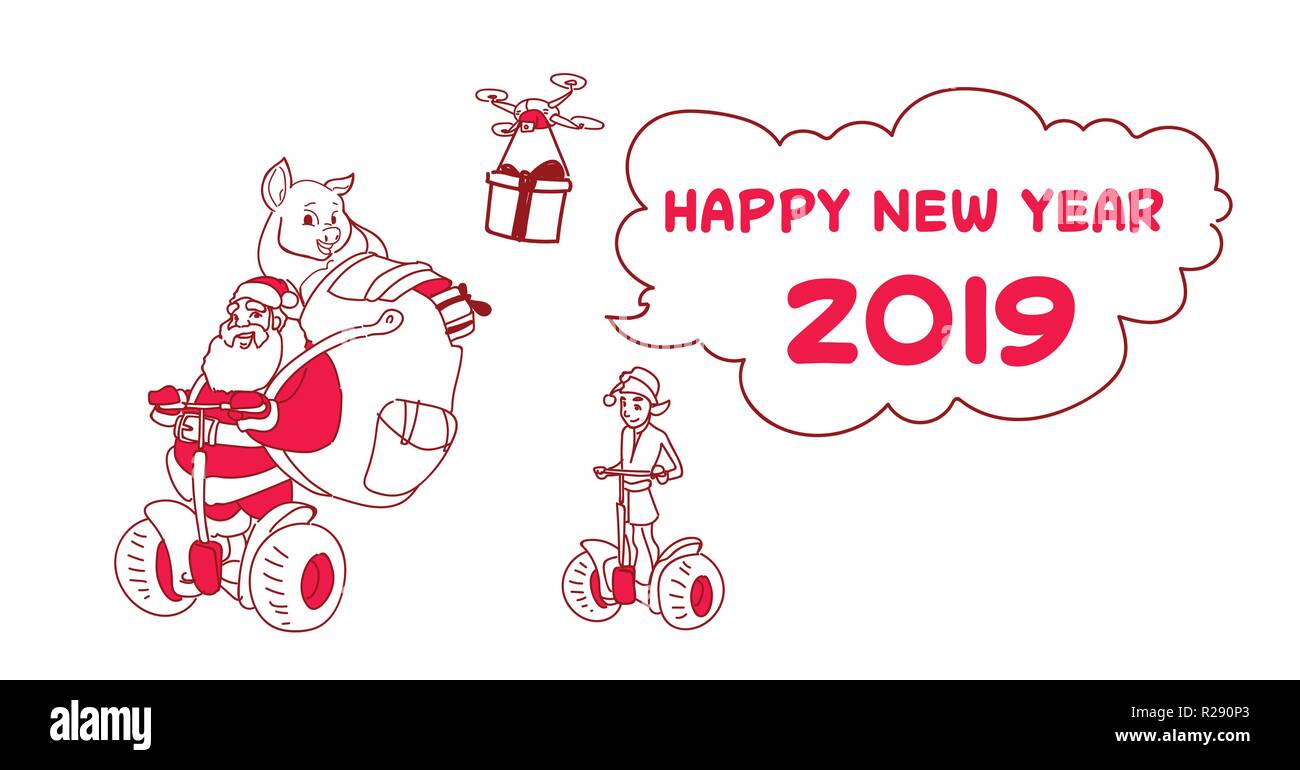 Santa Claus mit elf Fahrt Elektroroller Lieferservice drone vorhanden Weihnachten Neujahr Konzept Skizze doodle horizontal Stock Vektor