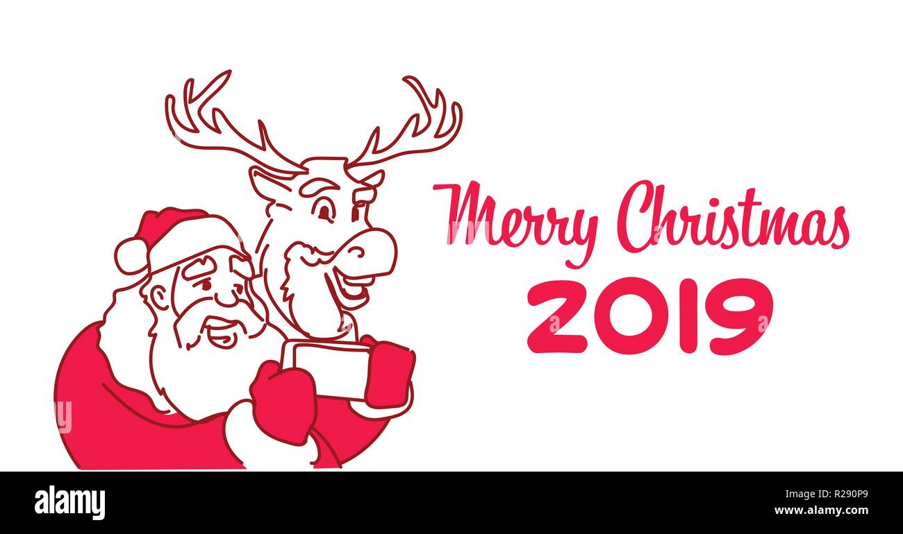 Weihnachtsmann mit Rentier unter selfie Foto neues Jahr Weihnachten Grußkarte Skizze doodle horizontal Stock Vektor
