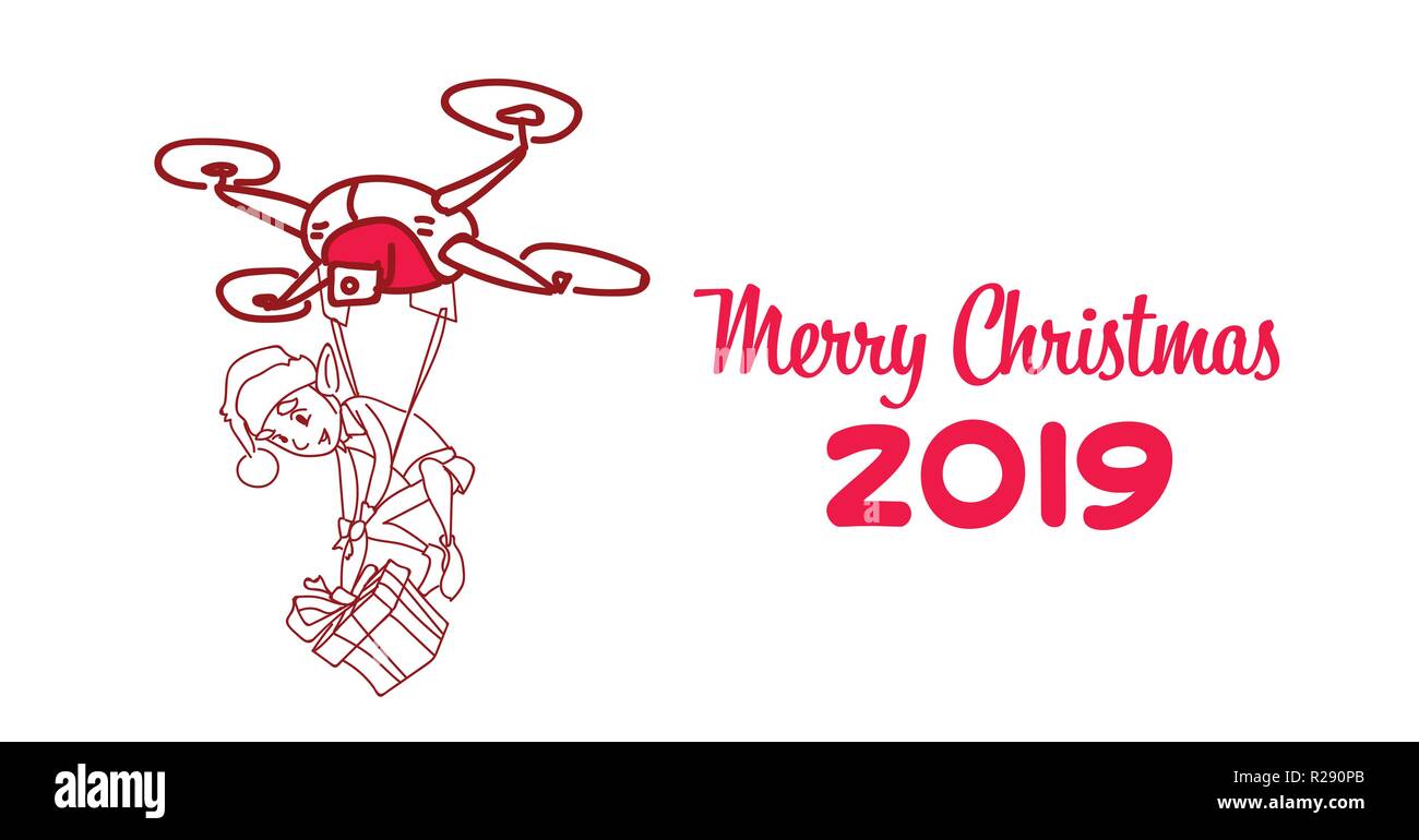 Drone elf Lieferung vorhanden Frohes neues Jahr frohe weihnachten urlaub Skizze doodle horizontal Stock Vektor