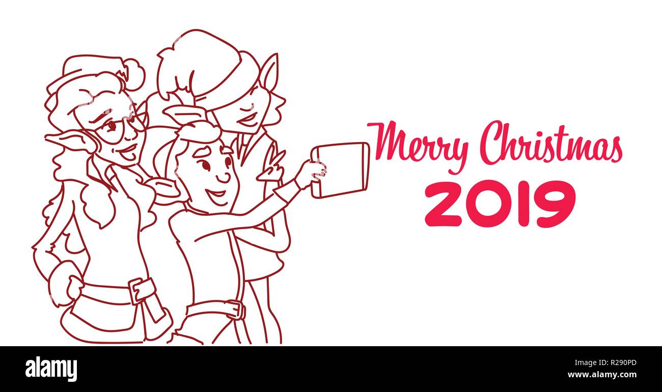 Elf Gruppe santa claus Helfer unter selfie Foto neues Jahr Weihnachten Grußkarte Skizze doodle horizontal Stock Vektor