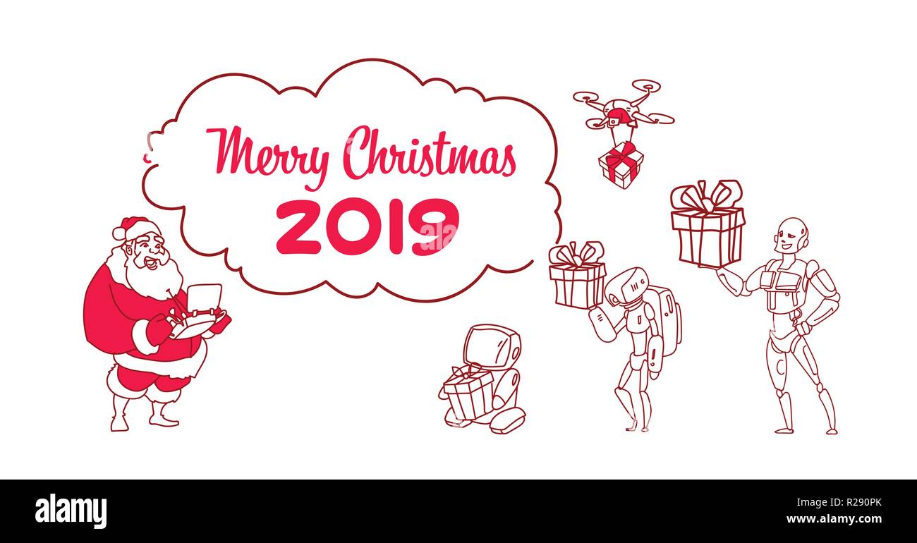Santa claus halten Controller drone Lieferung vorhanden Roboter Helfer künstliche Intelligenz Konzept neues Jahr entfernen Weihnachten Skizze doodle horizontal Stock Vektor