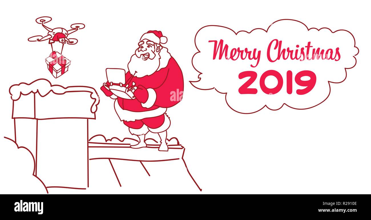 Santa Claus auf dem Dach halten Controller drone Lieferung vorhanden neues Jahr Weihnachten Konzept Skizze doodle horizontal Stock Vektor