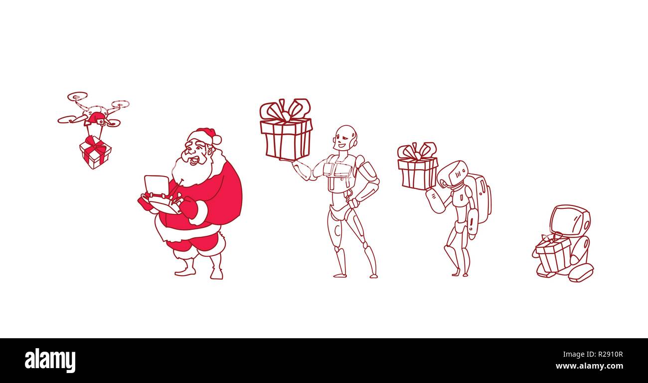Santa claus halten Controller drone Lieferung vorhanden Roboter Helfer künstliche Intelligenz Konzept neues Jahr Weihnachten Skizze doodle horizontal Stock Vektor
