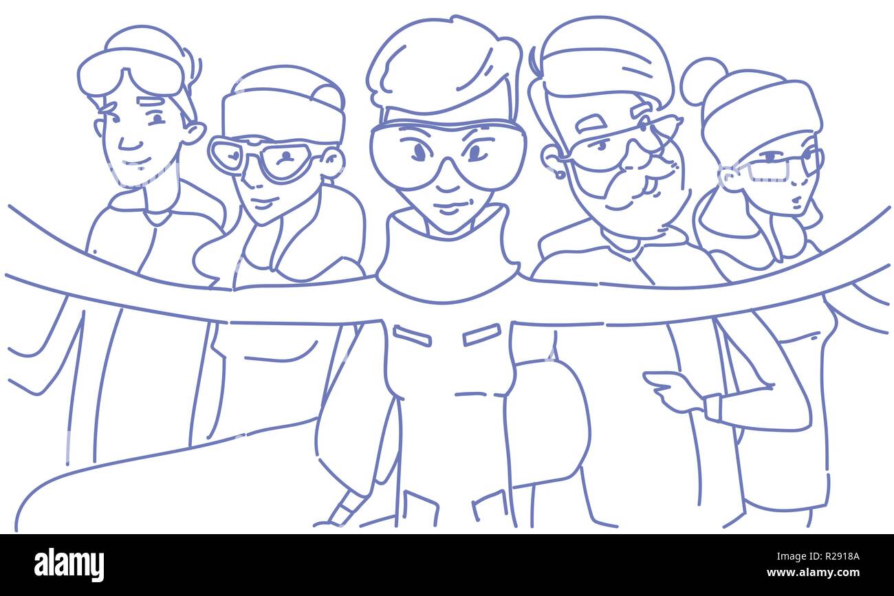 Menschen Gruppe selfie Foto auf smart phone Kamera winter Aktivität snowboard sport Skizze doodle horizontal Stock Vektor