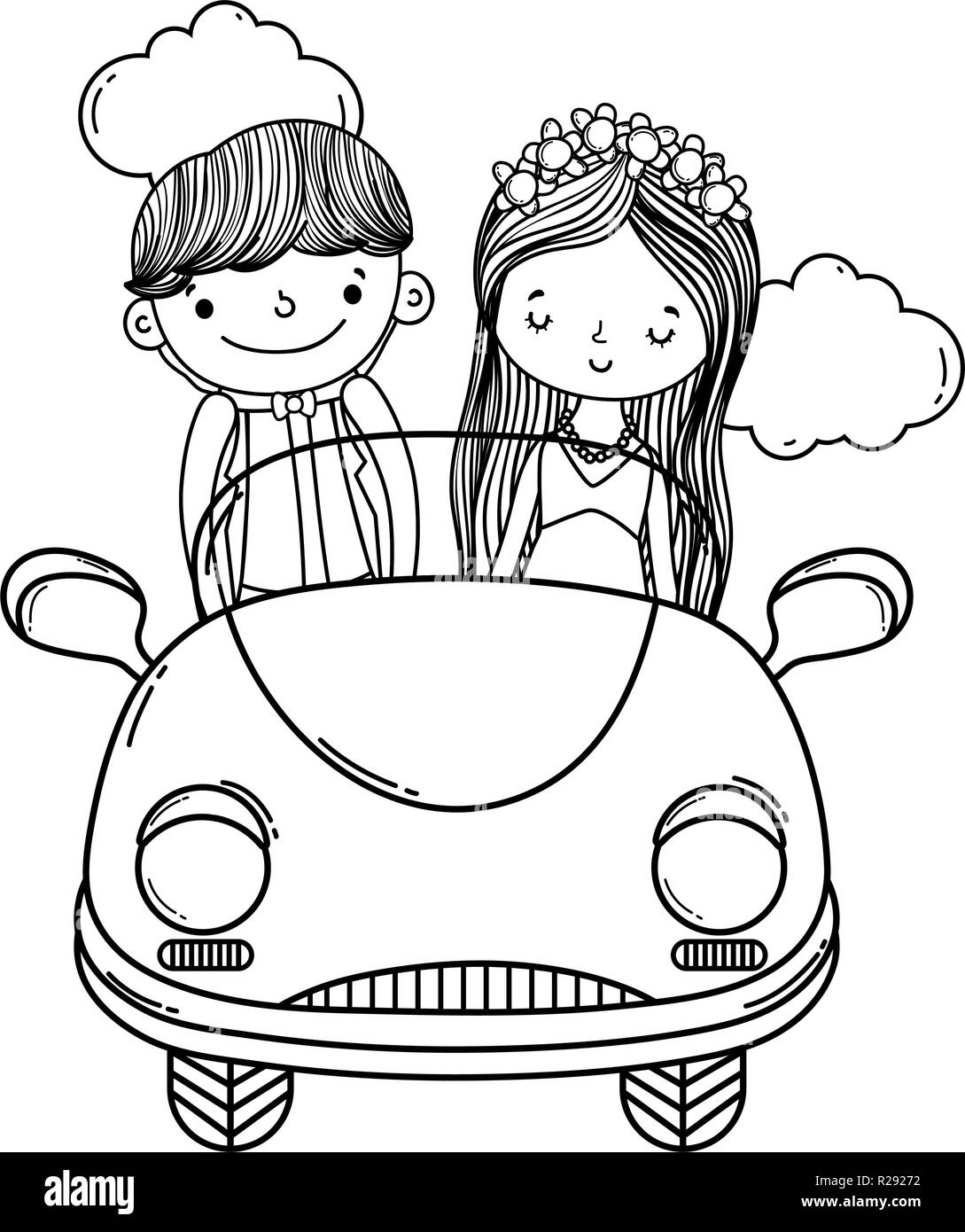 Hochzeitspaar Und Auto Cute Cartoon Schwarz Und Weiss Stock Vektorgrafik Alamy