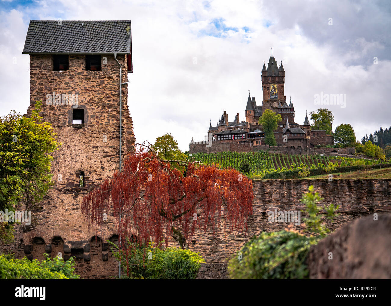 Die Reichsburg in Cochem Deutschland Märchen, umgeben von Weinbergen. Stockfoto