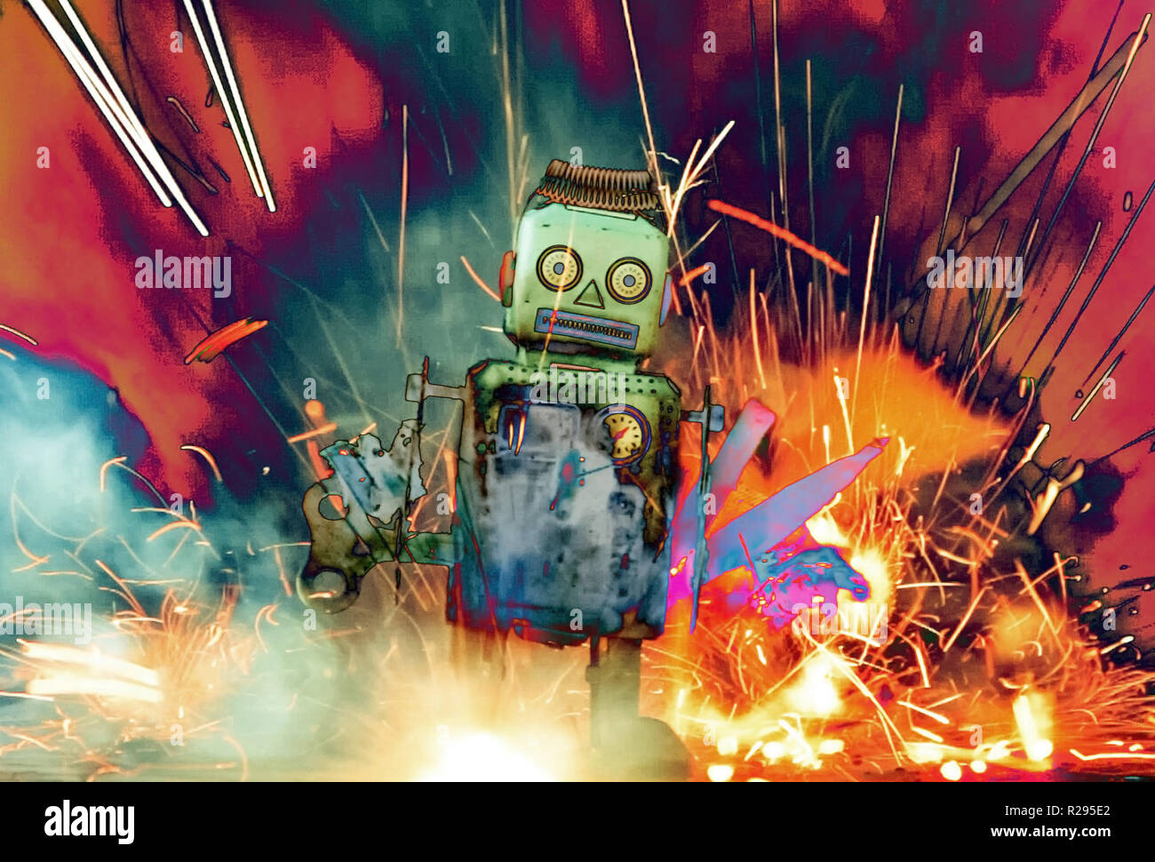 Retro Roboter Spielzeug zu Fuß durch eine Explosion, abstraktes Bild Stockfoto