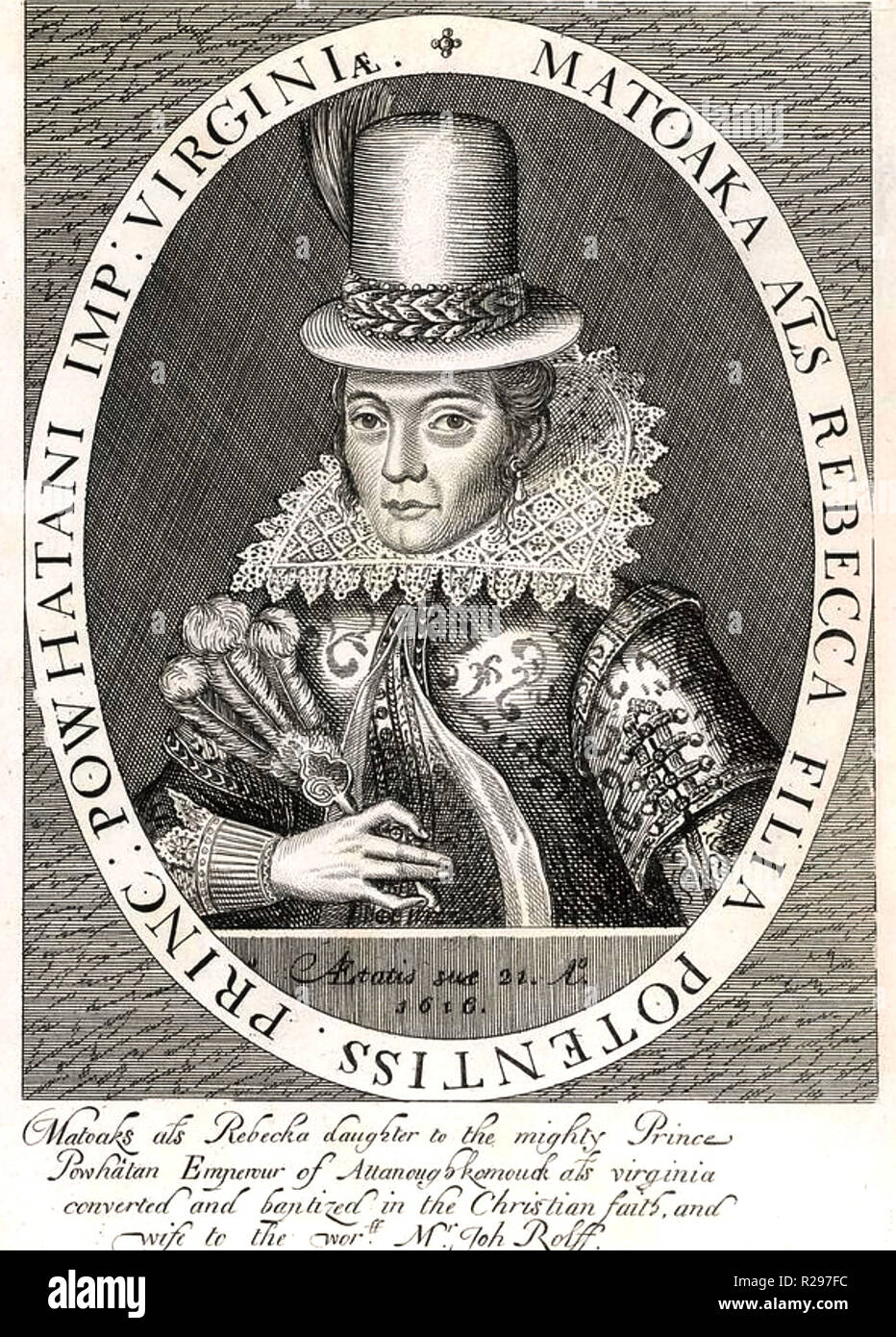 POCAHONTAS (c 1596-1617) Native American in einem Stich von Simon de Passe in 1616 Stockfoto