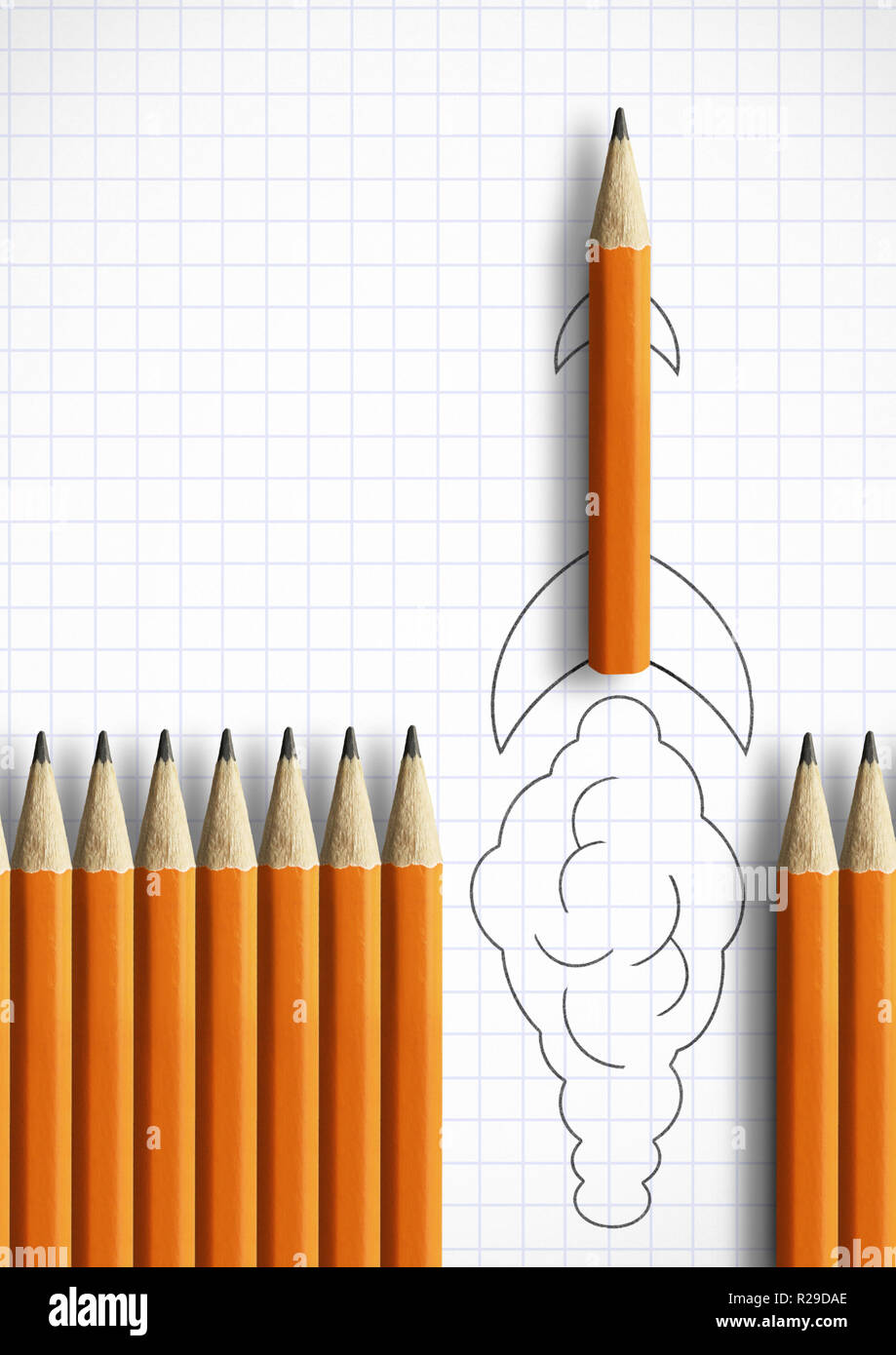 Start-up Idee Kreativ Konzept, Bleistift gezeichnet als Rakete Stockfoto