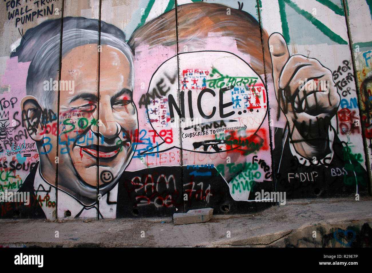 Graffity-Portrait von Benjamin Netanjahu in Mauer, Grenzanlage, Israelische Sperranlage, Bethlehem, Westbank/Westjordanland, Palaestinensische Auton Stockfoto