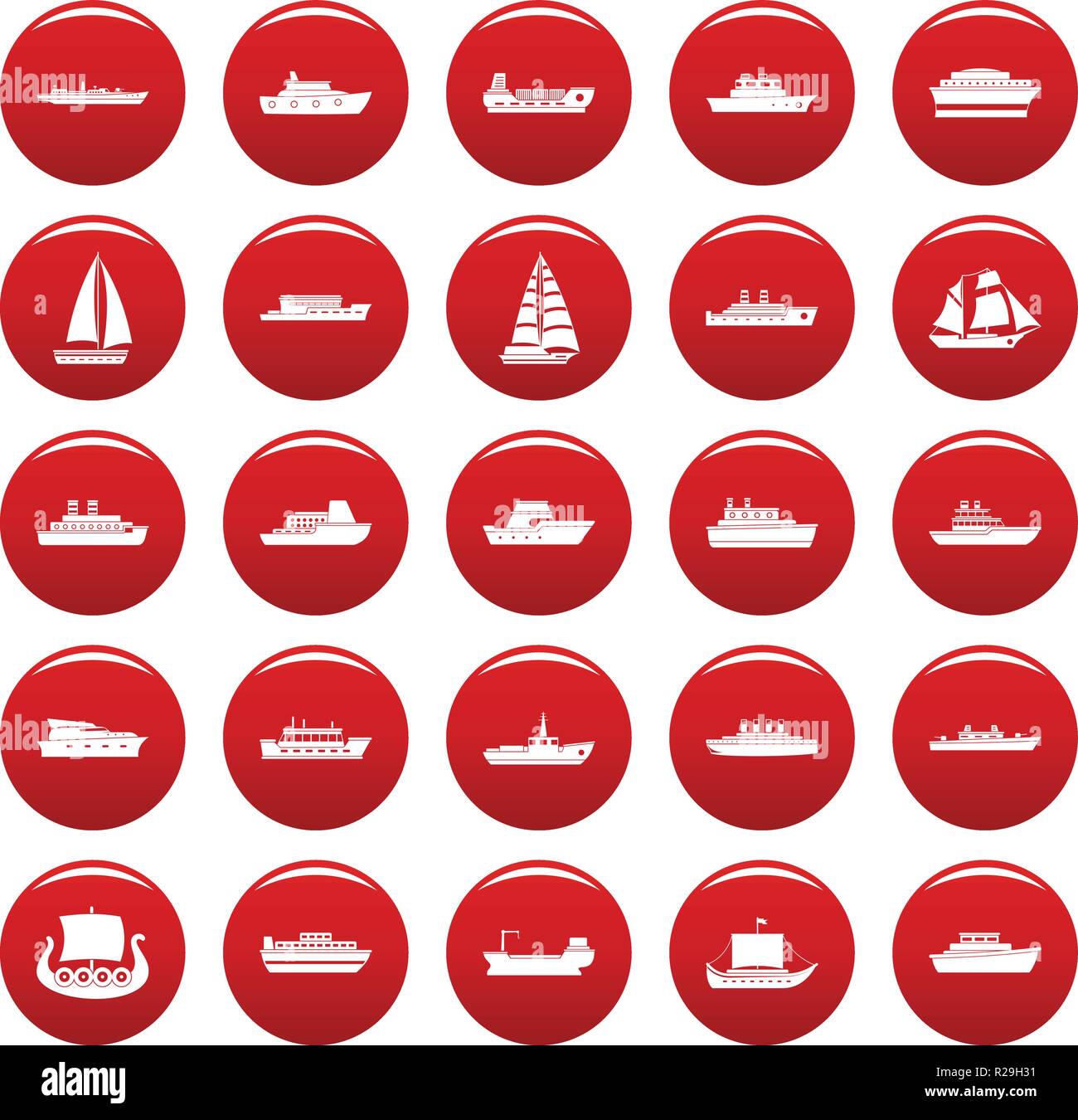 Boot Symbole gesetzt. Einfache Abbildung: 25 Boot Vector Icons rot isoliert Stock Vektor