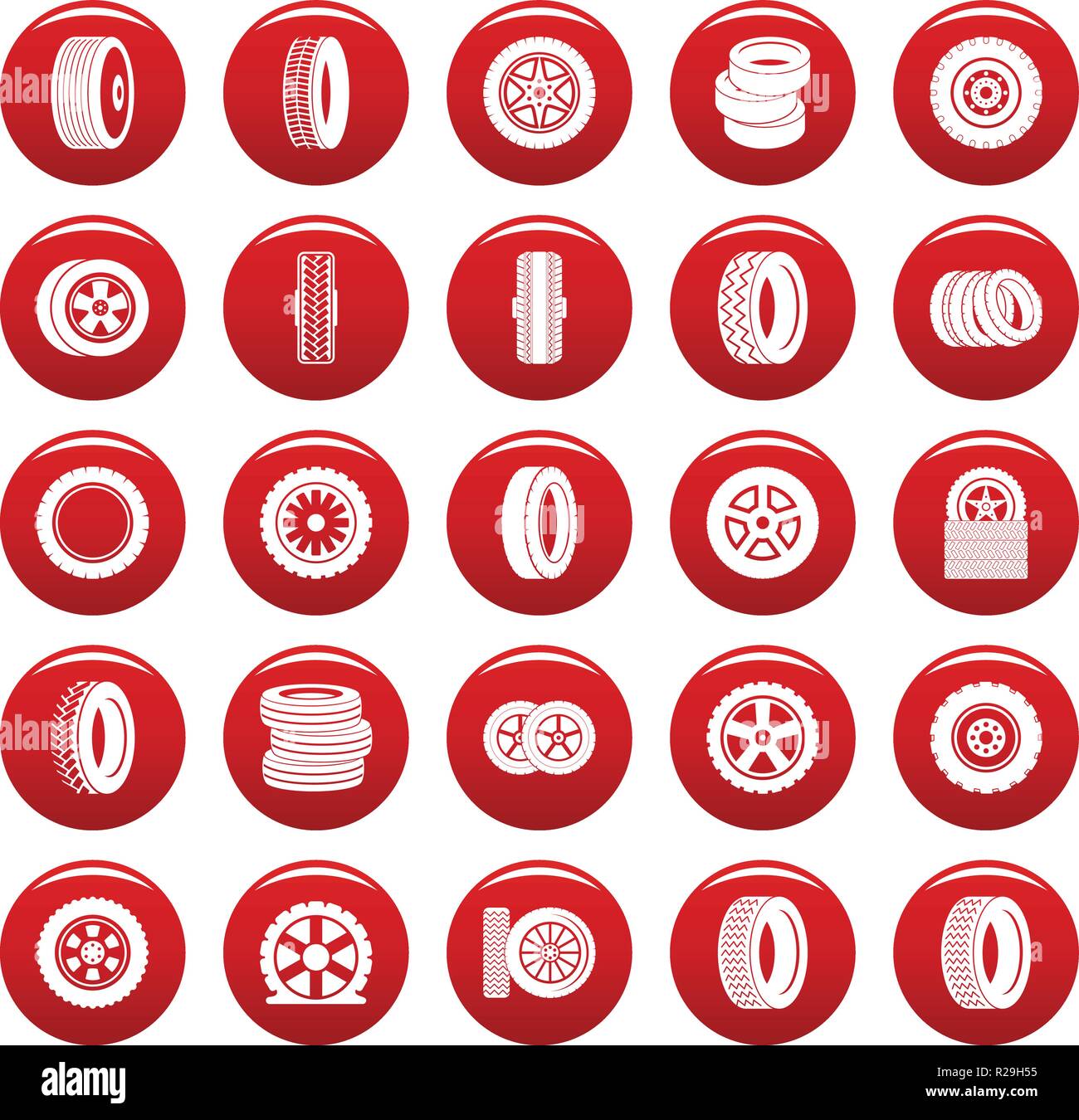 Reifen Symbole gesetzt. Einfache Abbildung von 25 reifen Vector Icons rot isoliert Stock Vektor