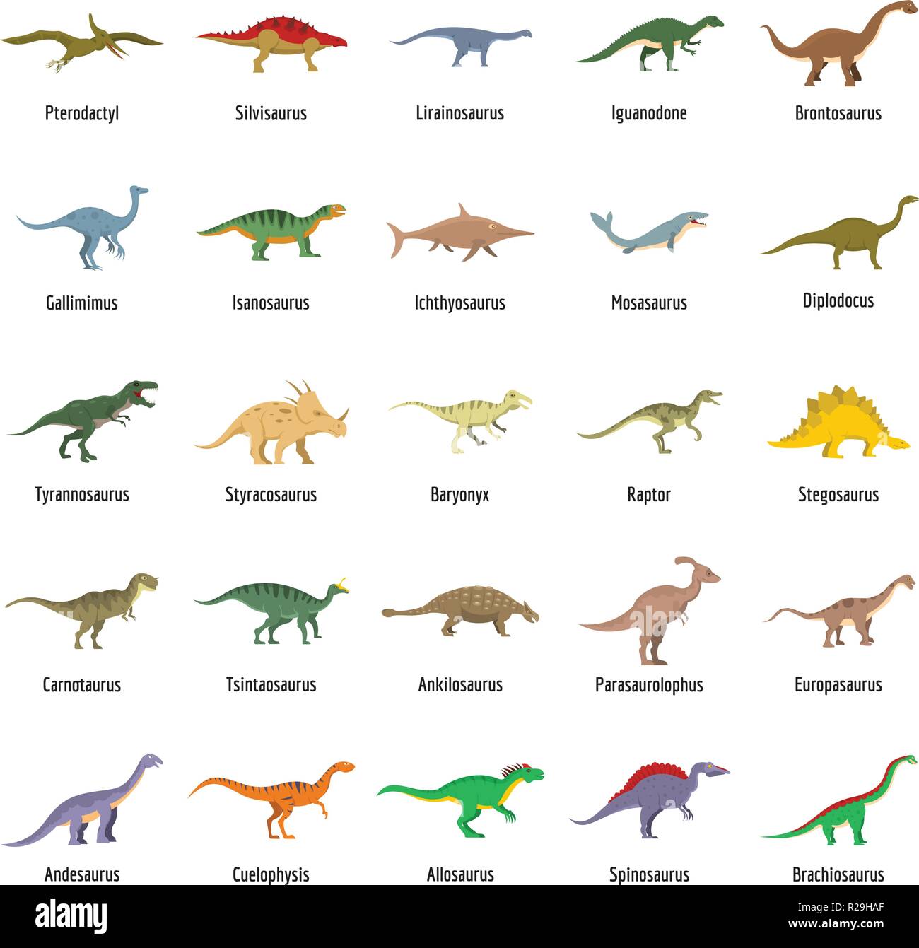 Dinosaurier Arten Unterschrift Name Symbole gesetzt. Flache Darstellung