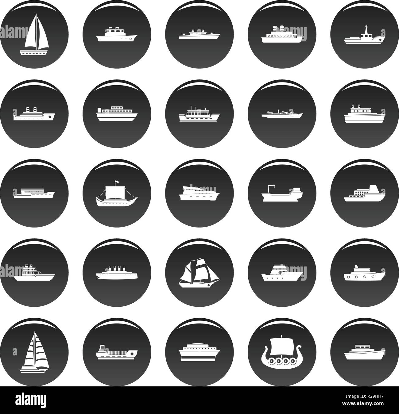 Boot Symbole gesetzt. Einfache Abbildung: 25 Boot Vector Icons schwarz isoliert Stock Vektor