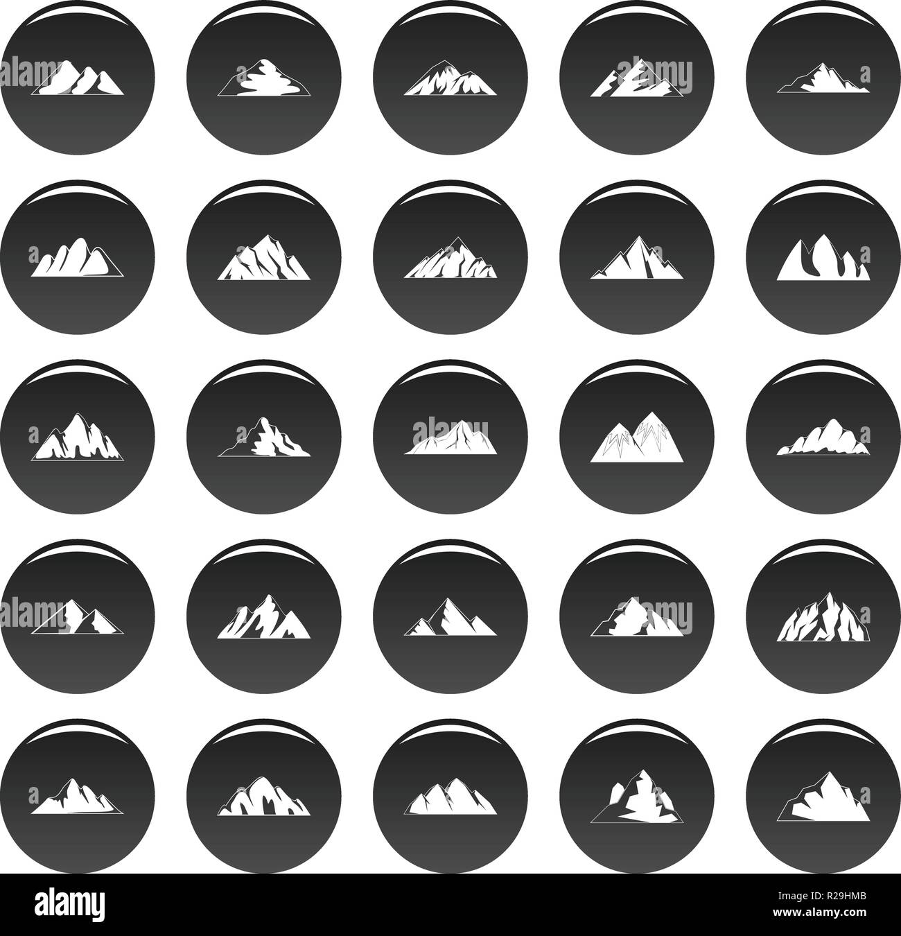 Berg Symbole Gesetzt Einfache Abbildung 25 Mountain Vector Icons Schwarz Isoliert Stock Vektorgrafik Alamy