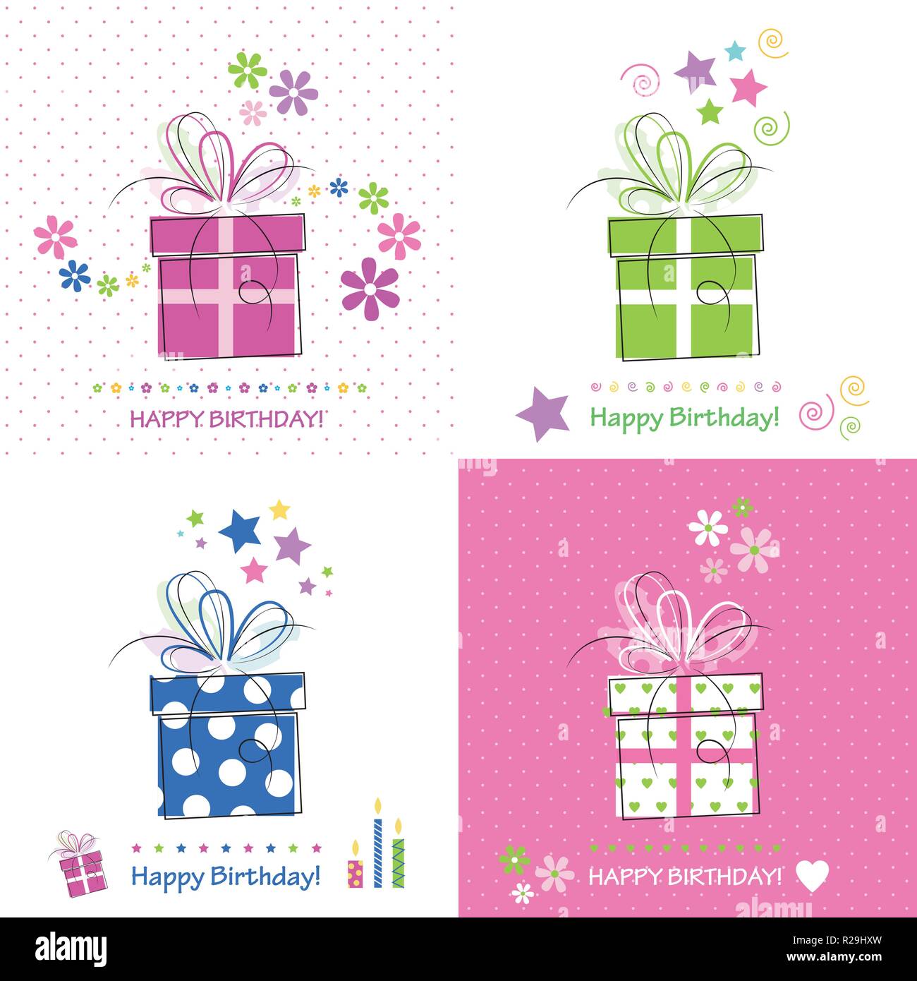 Vier Happy Birthday Cards Mit Rosa Blau Grun Und Weiss Prasentiert Bogen Herzen Sterne Und Blumen Stock Vektorgrafik Alamy