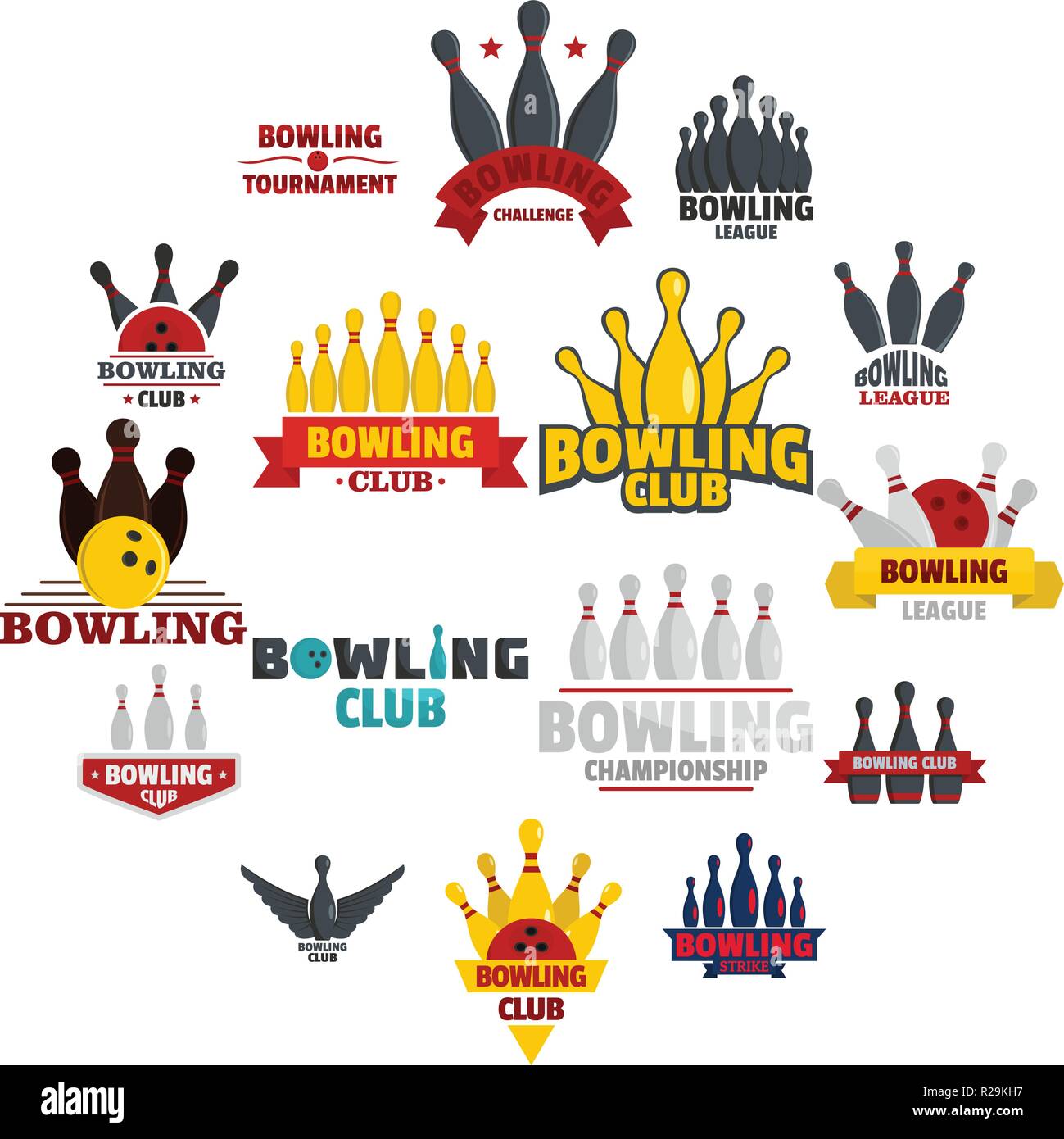 Bowling kegling Spiel Symbole gesetzt. Realistische Abbildung von 16 Bowling kegling Spiel Vector Icons für Web Stock Vektor